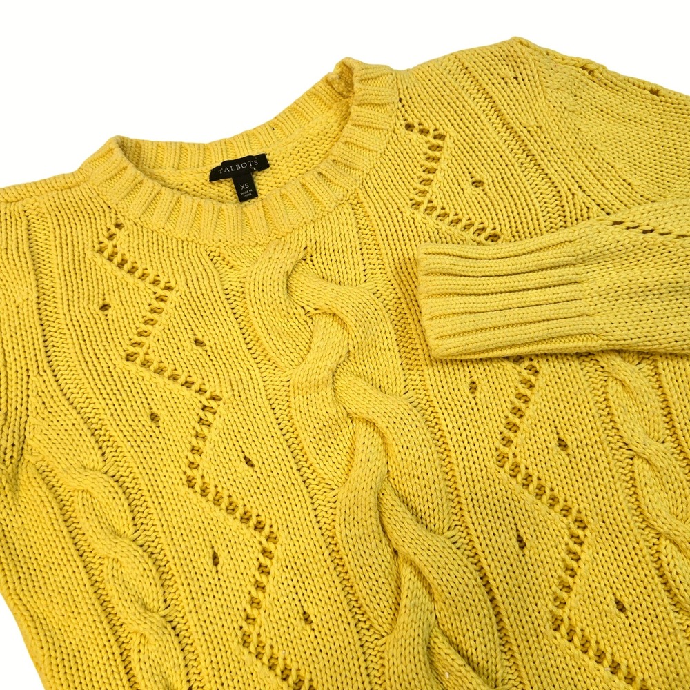Talbots Cable‎ Knit Pointelle Sweater XS Chartreuse Cotton Blend Crewneck
